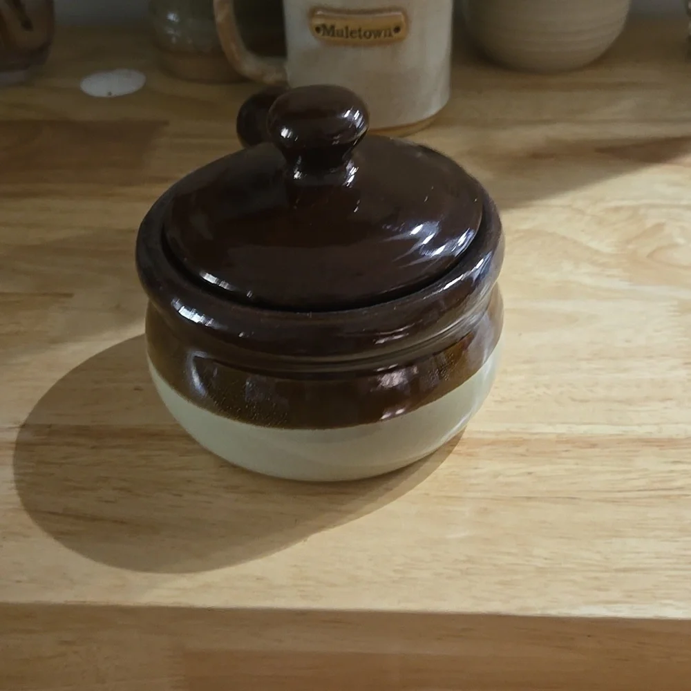 Antique Brown and Cream Ceramic Soup Bowl with Handle - Picture 4 of 9